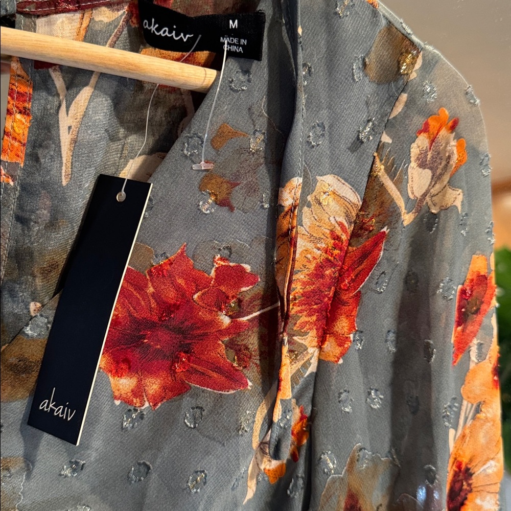 AKIRA Floral Chiffon Mini Dress Ruffle Hem Long Bell Sleeve Gray Orange M NWT - Picture 2 of 5